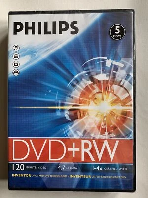 PHILIPS DVD+RW ~ 5 Pack 4.7GB ~ 1-4x Speed ~ Single Sided ~ BRAND NEW Sealed - Image 1 of 4