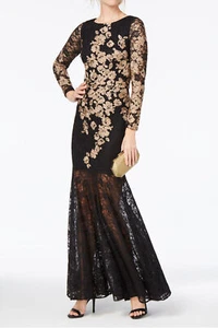 Xscape 917X besticktes Meerjungfrau-Kleid Spitze Größe 4 schwarz gold UVP 249 $ - Bild 1 von 2