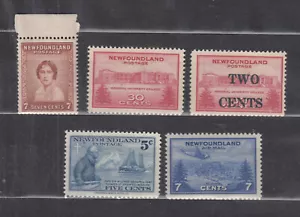 1932-47 NEWFOUNDLAND #208(7¢)/C19(7¢) FIVE(5) DIFFERENT STAMPS F-VF - Foto 1 di 2