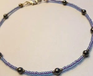 BEAUTIFUL PURPLE BEADED ANKLET WITH HEMATITE ACCENT BEADS/ 10 INCH - Picture 1 of 4