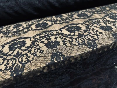 Fine Mesh Lace Fabric, Per Metre - Floral Design With Scalloped Frill - Black - Image 1 of 3