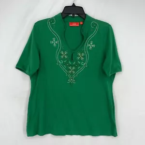 Oscar de la Renta Damen Large T-Shirt grün Perlen Stickerei Stretch tailliert SS - Bild 1 von 9