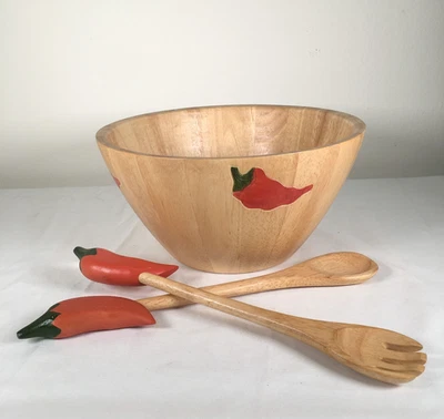 Vintage 2001 Clay Art Wooden Salad Bowl & Utensils Hand Painted Red Chili Design - Image 1 of 4