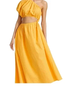 Vestido midi FARM Rio de un hombro cintura abierta pequeño amarillo mezcla de lino vacaciones - Imagen 1 de 16
