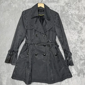 Black Rivet Trench Coat Womens Large Pinstripe Double Breasted Belted Classic - Picture 1 of 17