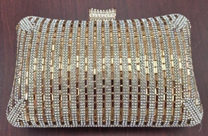 Gold Lahme Mode Satin Strass Clutch Abendtasche mit Kettenstreifen - Bild 1 von 6