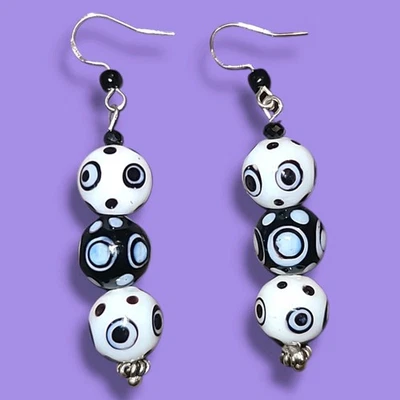 925 Пробы Lampwork стекла подвеской серьги черный белый ручной работы новый без ЯРЛЫКОВ - Изображение 1 из 3