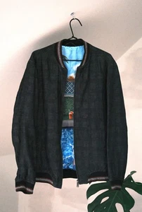 Ted Baker Men's Grey Linen Plaid Full Zip Bomber Jacket Size L Made in Portugal - Picture 1 of 16