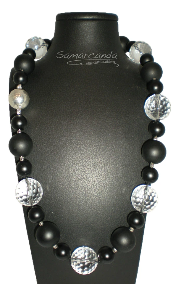 Collana In Cristallo di Rocca e Agata Nera Opaca chiusura calamita in argento - Immagine 1 di 1