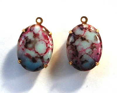 VINTAGE MATRIX GLASS OVAL BEAD PENDANT MOTTLED 16x11mm • BLUE or GREEN MATRIX - Image 1 of 2