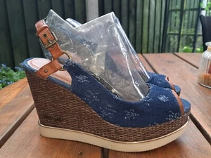 Wrangler blue denim high wedge espadrille sandals platform shoes size 6 / 39 - Picture 1 of 13