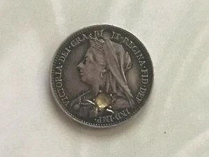 1897 Threepence 3D with Yellow Stone - Victoria Silver 925) 1.41g 16mm KM# 777 - Picture 1 of 3