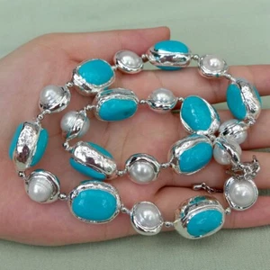 18" Cultured White Pearl Blue Turquoise Beaded Choker Necklace - Picture 1 of 6