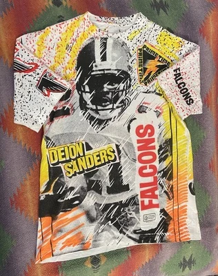 Camiseta vintage Deion Sanders Falcons estampado por todas partes NFL gran puntada única Foto 1 de 4