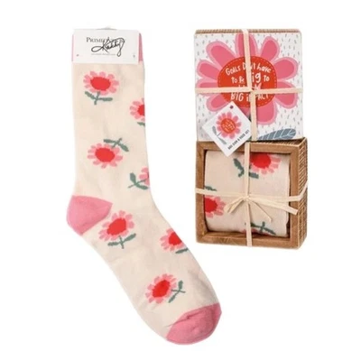 Colorful Floral Box Sign & Socks Gift Set Primitives by Kath Small 4x4  Wood NEW - Image 1 of 4