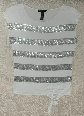 Женский топ INC International Concepts с рукавами-крылышками белый в полоску серебристый с блестками S - Изображение 1 из 4