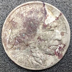 Key Date 1914-D U.S. 5C Buffalo Nickel Very Fine Details Environmental Damage