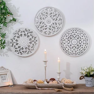 Arte da parete in legno rustico decorativo bianco decorazione da parete medaglione intagliato invecchiato ha - Foto 1 di 12