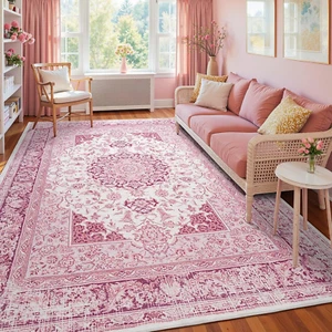 Hellrosa Vorleger für Wohnzimmer, 8x10 Maschinenwaschbare Teppiche mit Antirutsch - Bild 1 von 12