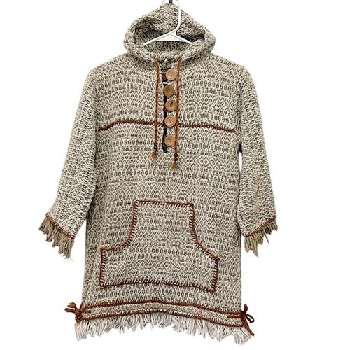 OFF WHITE Maglione Earth Ragz tessuto felpa con cappuccio panna frange Baja surfista hippie boho donna taglia S