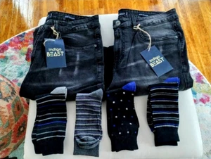 INDIGO BEAST Men's Distressed Black Jeans Slim STRETCH SZ 36/32-2 Pairs w/Socks - Picture 1 of 6