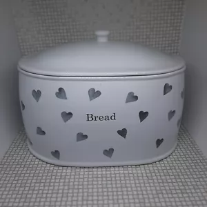 Large Ceramic Bread Bin Crock White Grey Hearts Lidded Oval Heavy - Picture 1 of 6
