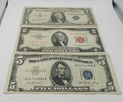 3 Note Lot $1 (1957B Silver Cert) $2 (1953A Red Seal) $5 (1953 Silver Cert)#803 - Image 1 of 4