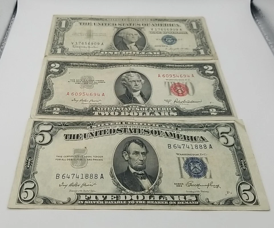 3 Note Lot $1 (1957B Silver Cert) $2 (1953A Red Seal) $5 (1953 Silver Cert)#803 - Image 1 of 4