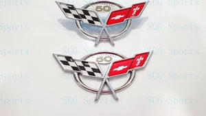 2 piezas emblemas banderas cruzadas Corvette 1997-2004 c5 cromado delantero trasero 50 aniversario - Imagen 1 de 9