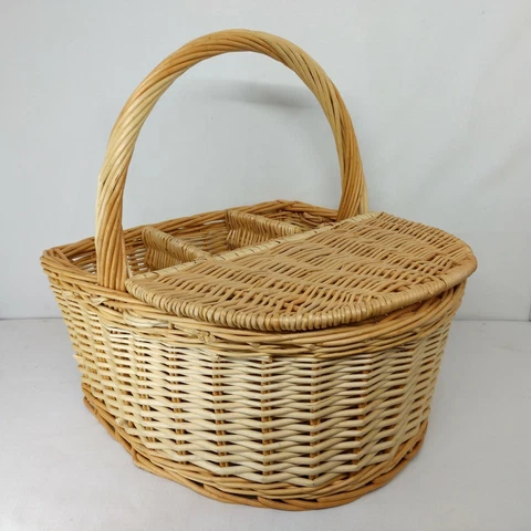 Wine & Cheese Basket weaved handle pockets wicker picnic lunch box Storage lid Cover