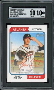 POP 1 Max Fried 2023 Topps Heritage Real One Red Ink Auto /74 #ROA-MF SGC 10 10 - Picture 1 of 2