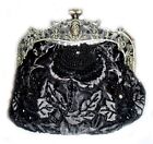 New Vintage Bronze Beaded Rose Flower Pattern Evening Handbag Purse Clutch Black
