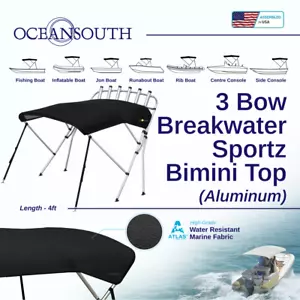 Oceansouth 3 Bow Breakwater Sportz Bimini Top 4ft Length 83"- 90" Black - Picture 1 of 5