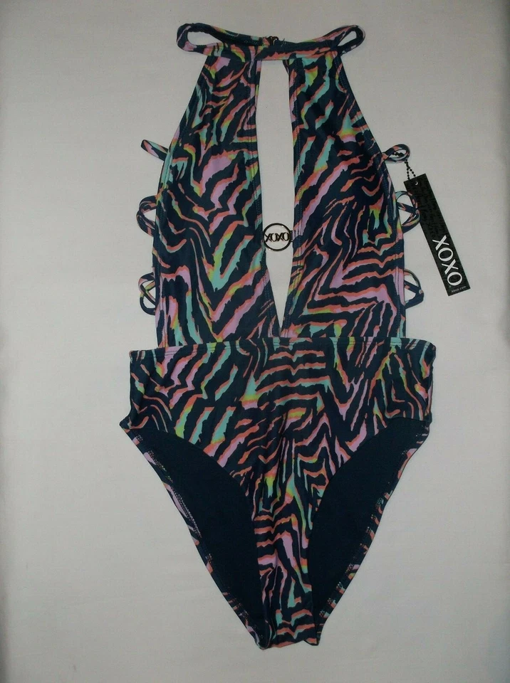 XOXO 1шт купальник S неоновый принт вырез стороны погружение новый с Ярлыками $95 розничной kawaii 80-х - Изображение 1 из 2