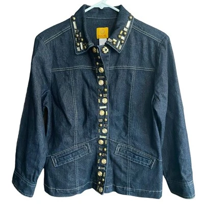 Ruby Rd. Blue Metallic Denim Jean Jacket Size 8 Embellished - Image 1 of 4