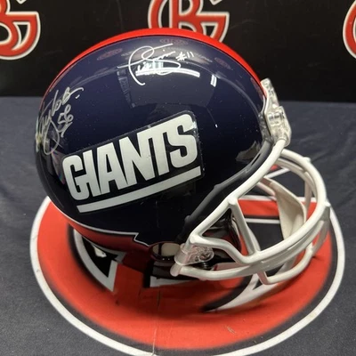 Casco réplica Lawrence Taylor Phil Simms autografiado de los Gigantes de Nueva York Proline certificado de autenticidad JSA Foto 1 de 4