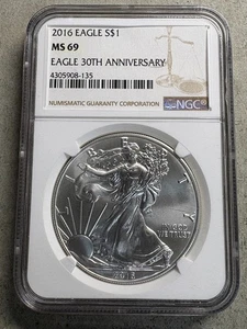 2016 Silver American Eagle 30th Anniversary  NGC MS69 - Picture 1 of 2