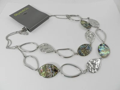 Style & Co Silver-Tone Hammered Oval & Stone Layered Statement Necklace, 18" - Image 1 of 3