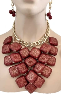 Carmine Red & Gold Chunky Statement Casual Chic Party Bib Necklace Earrings Set - Picture 1 of 5