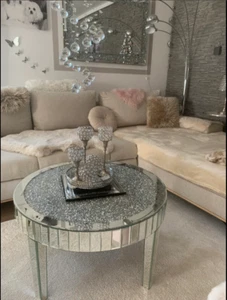 Nifty Crushed Diamond Coffee Table with Silver Mirror Crystal Edge Frame & Legs - Picture 1 of 16