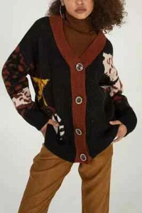 Cárdigan para mujer Wild Flower cuello en V negro floral grueso tejido manga larga nuevo con etiquetas - Imagen 1 de 5