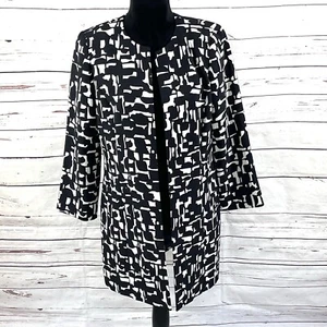 Kasper Long Jacket Womens Size 6 Black/White Open Front Long Sleeves EUC - Picture 1 of 13