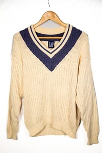 GAP Vintage Cable Knit Cricket Sweater V-Neck 90s Oversized Fit - Men's M - Picture 1 of 11