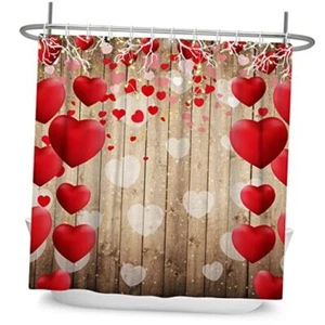 Romantic Valentines Shower Curtain Love Script Red Hearts Spots Balloons on - Picture 1 of 8