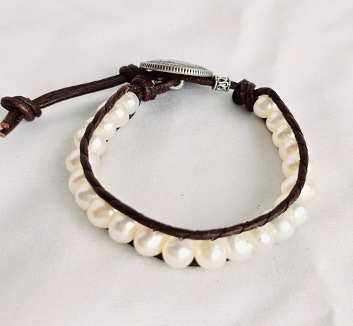OFF WHITE Bracciale donna perle bianco sporco cuoio cordino regolabile braccialetto donna