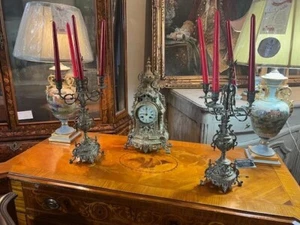 Antique Brass Clock Set Clock and Candelabras - Picture 1 of 8