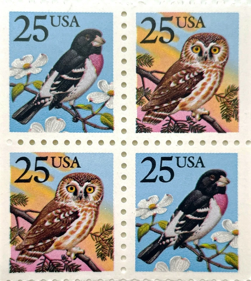 US # 2284-85 OWL & GROSBEAK 25c (1988) - Block of 4 Stamps from Booklet MNH  - Image 1 of 2