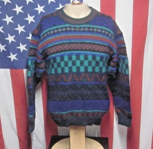 WARREN SCOTT vtg knit sweater 1980s med Cosby EKG stripes Digital Chess - Picture 1 of 3
