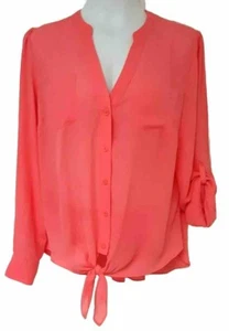 NWT Women’s XL CANDIES LS V-Neck Blouse Coral Orange Lace & Polyester Tie Hem - Picture 1 of 7