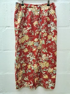 ORVIS Red Floral Linen Blend Button Front Straight Pockets Long Skirt Size UK 10 - Picture 1 of 8
